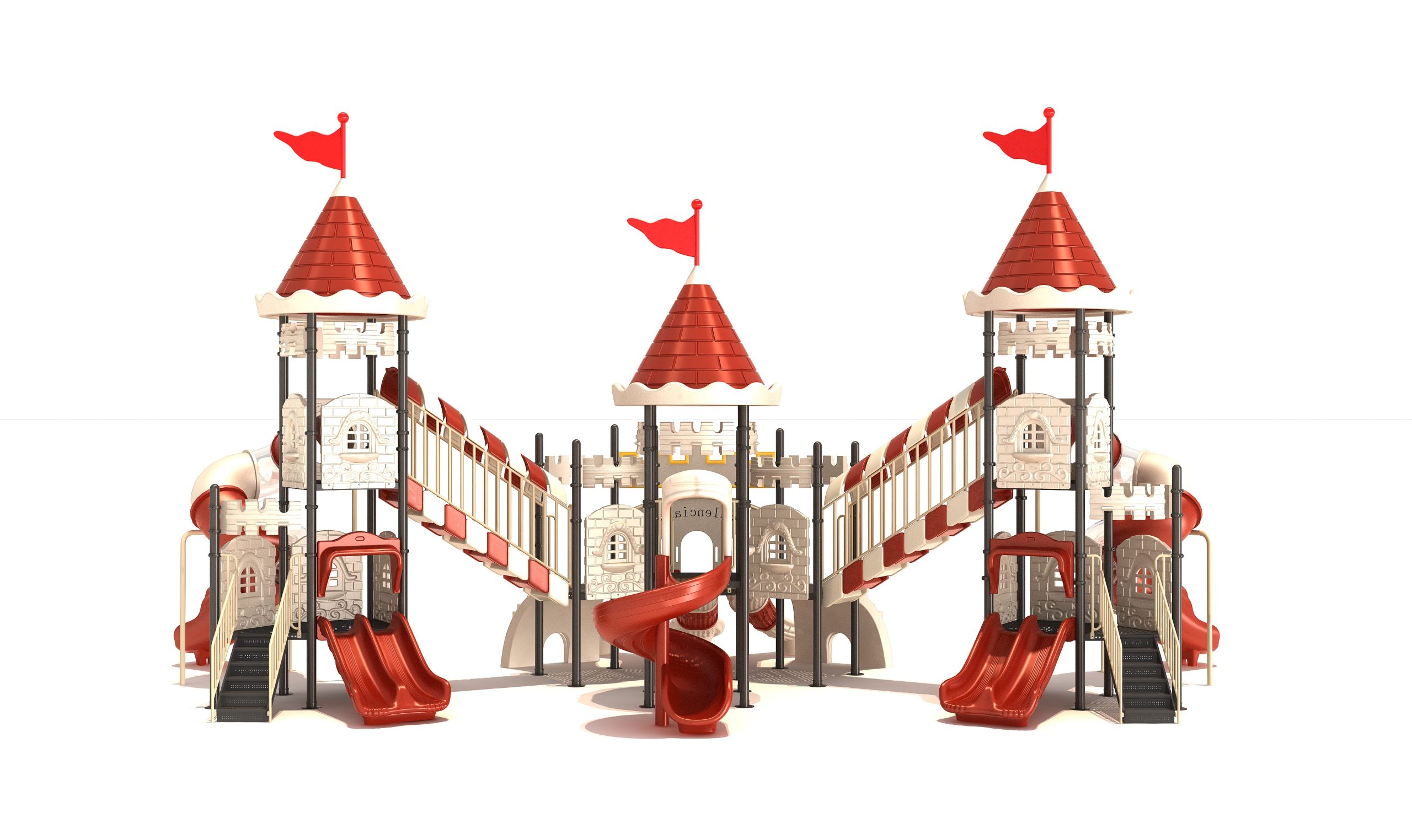 Castelo infantil de estilo medieval com torres, escorregas, acessos e passadiços.