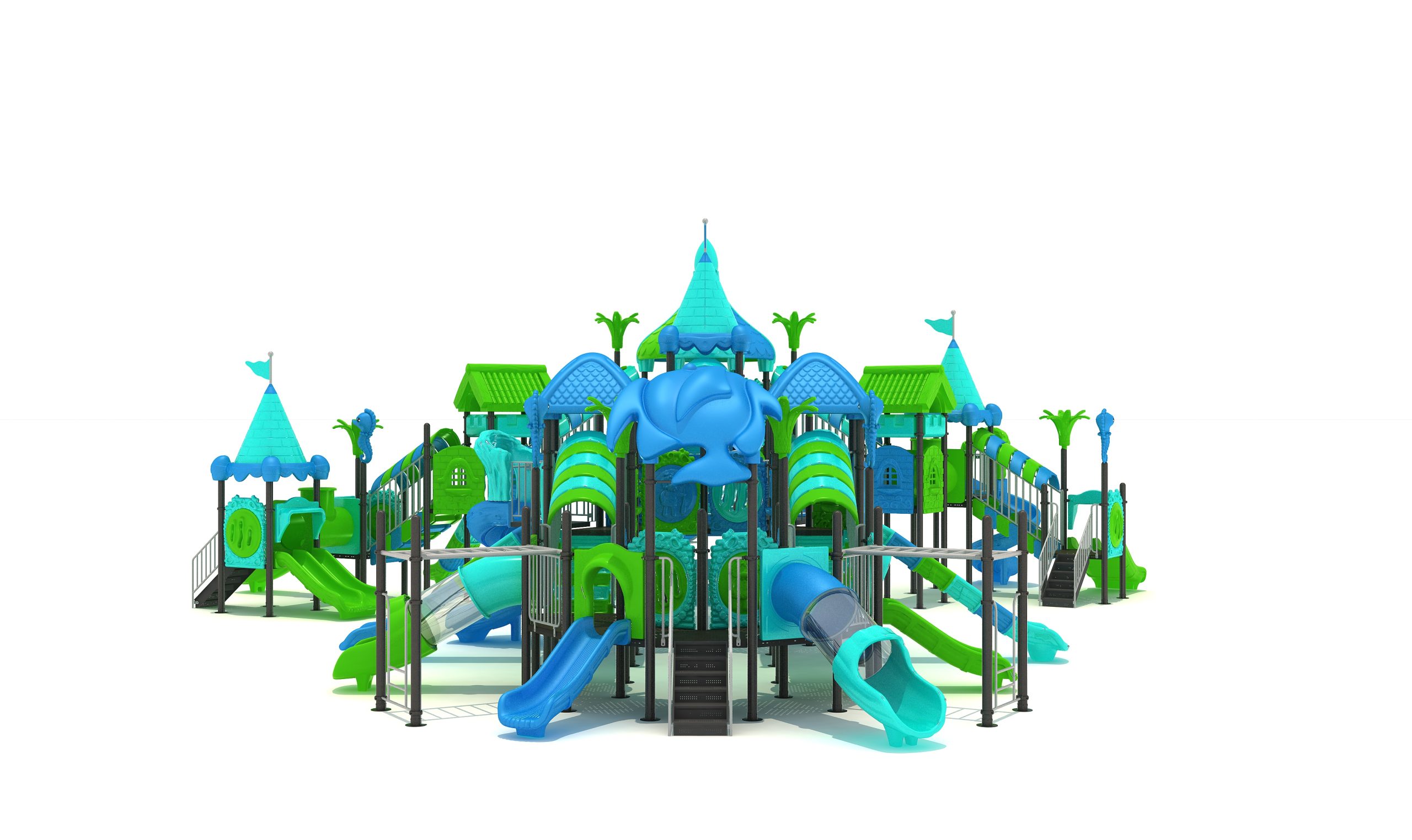 Castelo infantil com escorregas, torres, baloiços e túneis, ideal para parques e zonas de lazer.