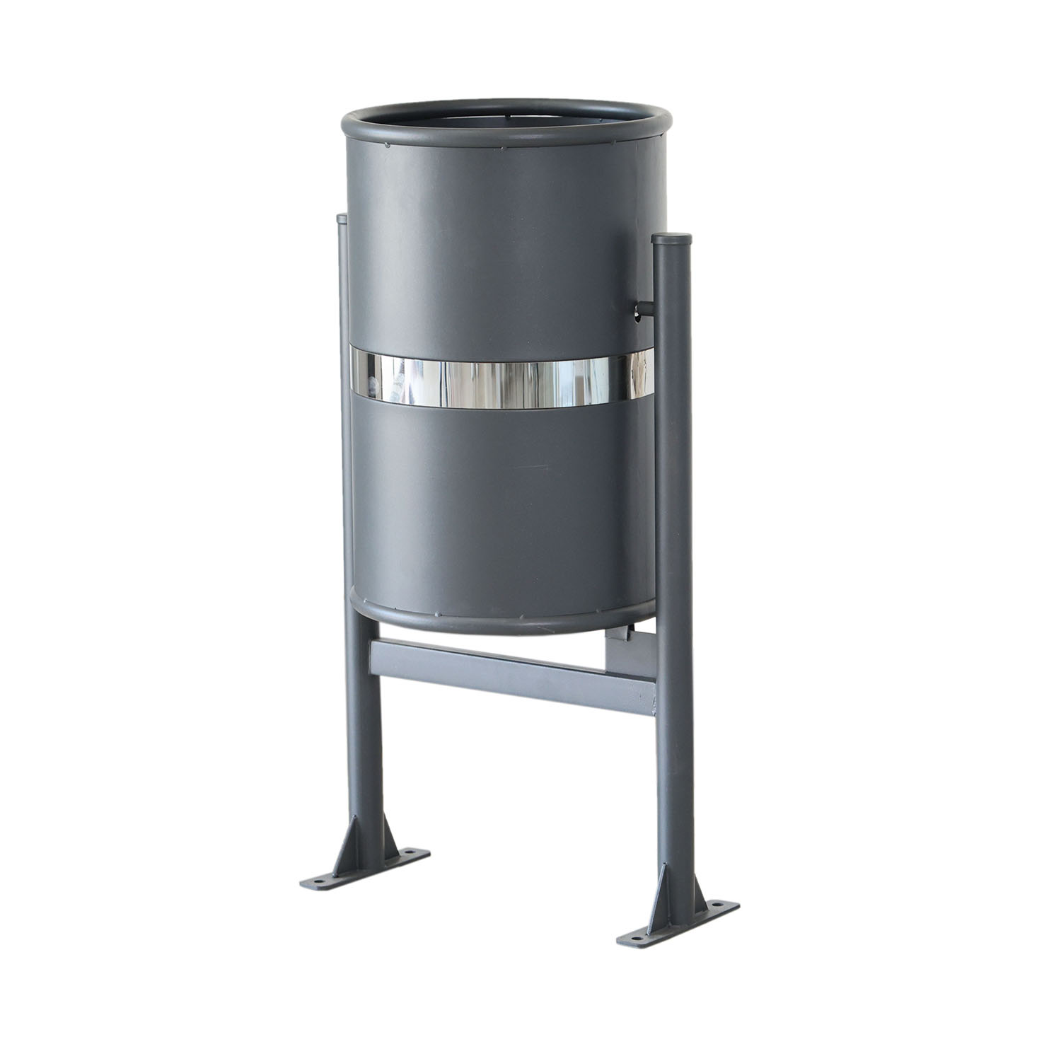 Papelera metálica cilíndrica Lisa Anillox en acero galvanizado color oxirón con anillo decorativo de acero inoxidable.