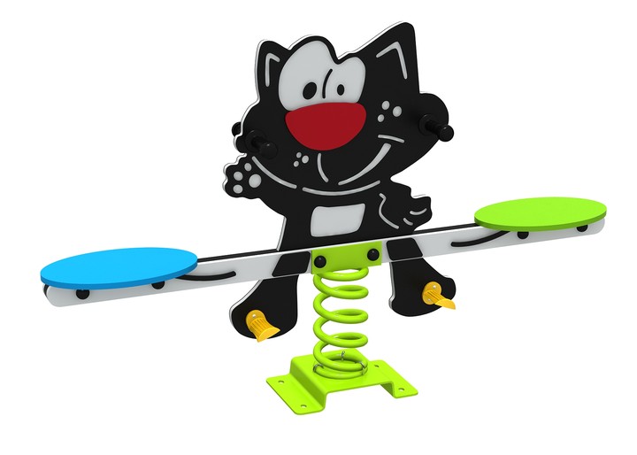 Balancín infantil doble en forma de gatito negro con resorte central y asientos ergonómicos.