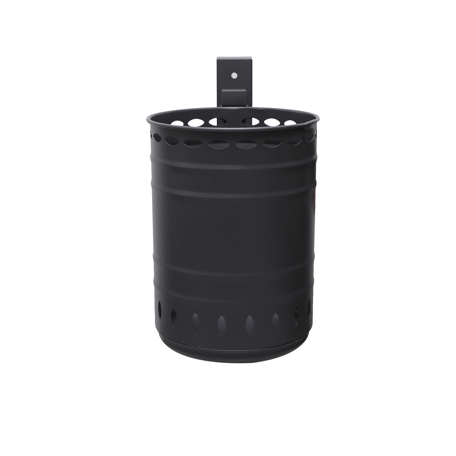 Papelera metálica Clasic Pared con cuerpo cilíndrico, hendiduras horizontales y franjas perforadas para ventilación, montaje en pared.