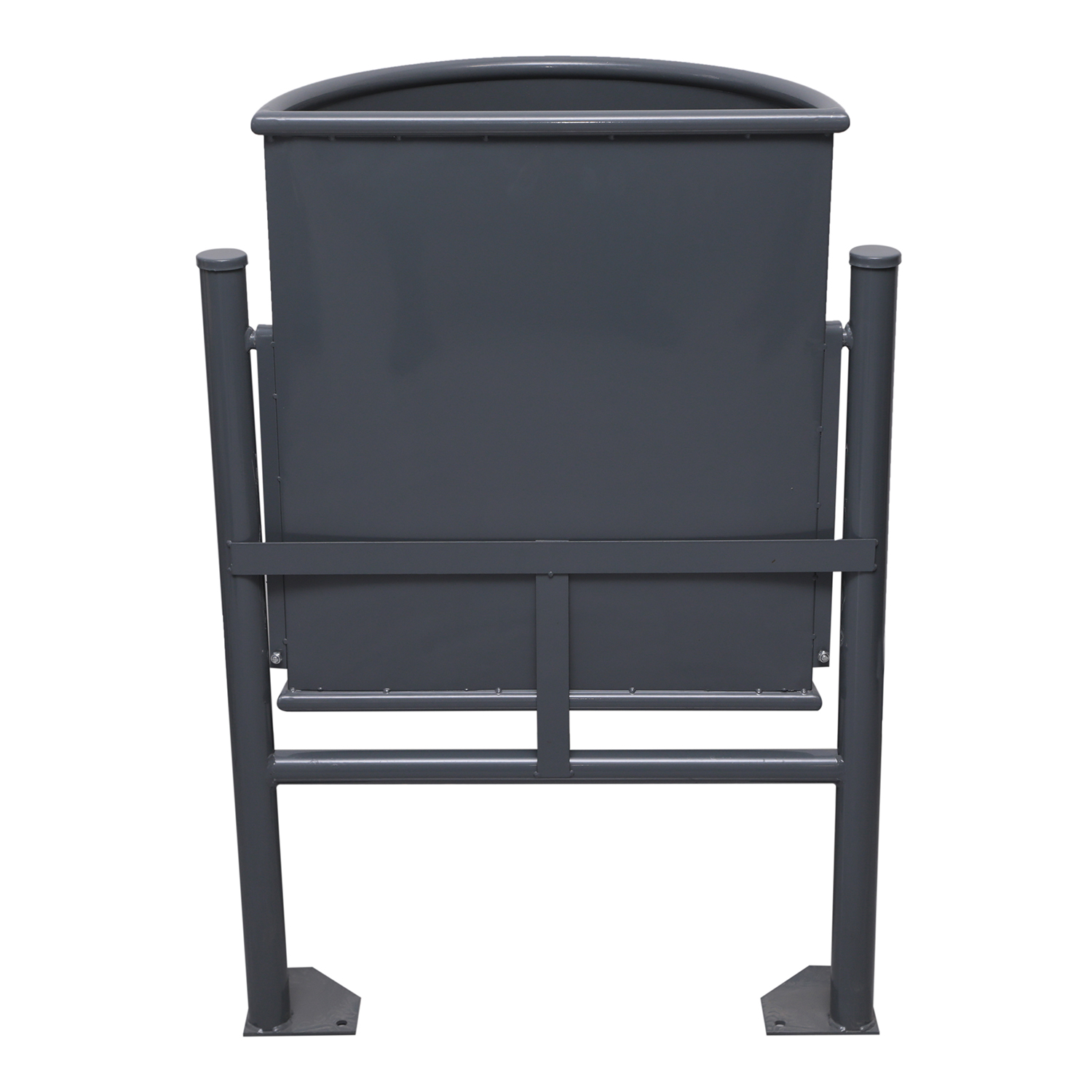 Papelera Semi-cóniper-1 semi-cilíndrica de acero galvanizado con cuerpo perforado y estructura metálica de dos patas.