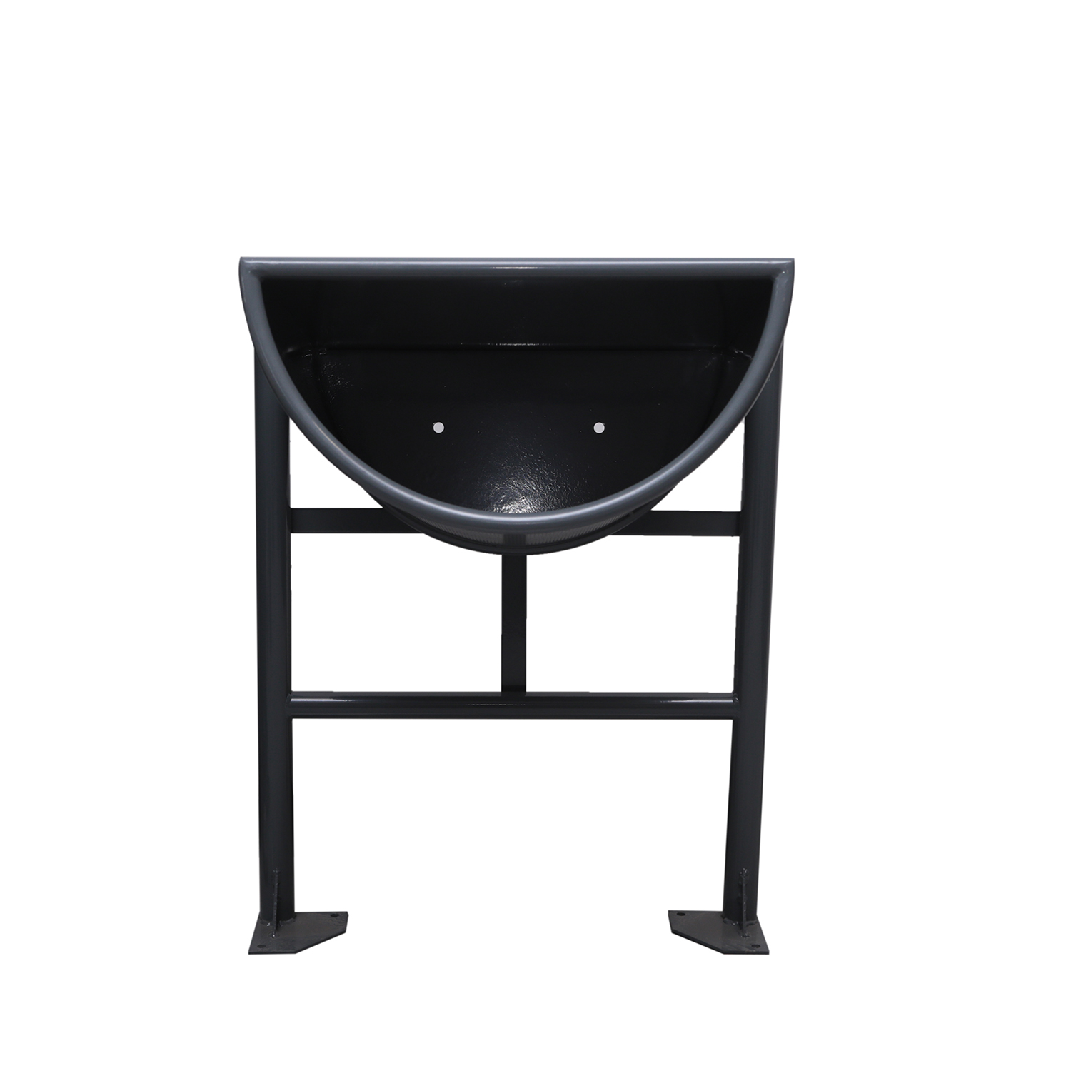 Papelera Semi-cóniper-1 semi-cilíndrica de acero galvanizado con cuerpo perforado y estructura metálica de dos patas.