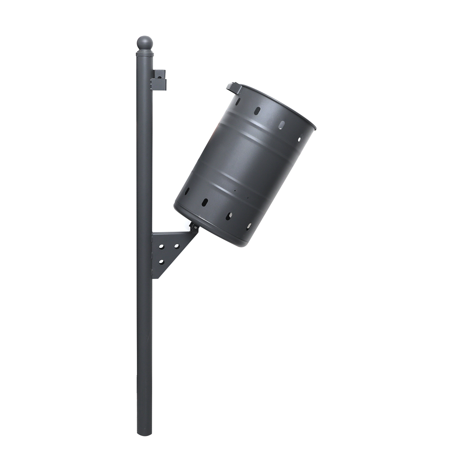 Papelera metálica clásica con cuerpo cilíndrico liso, hendiduras horizontales, perforaciones de ventilación y poste con remate esférico.