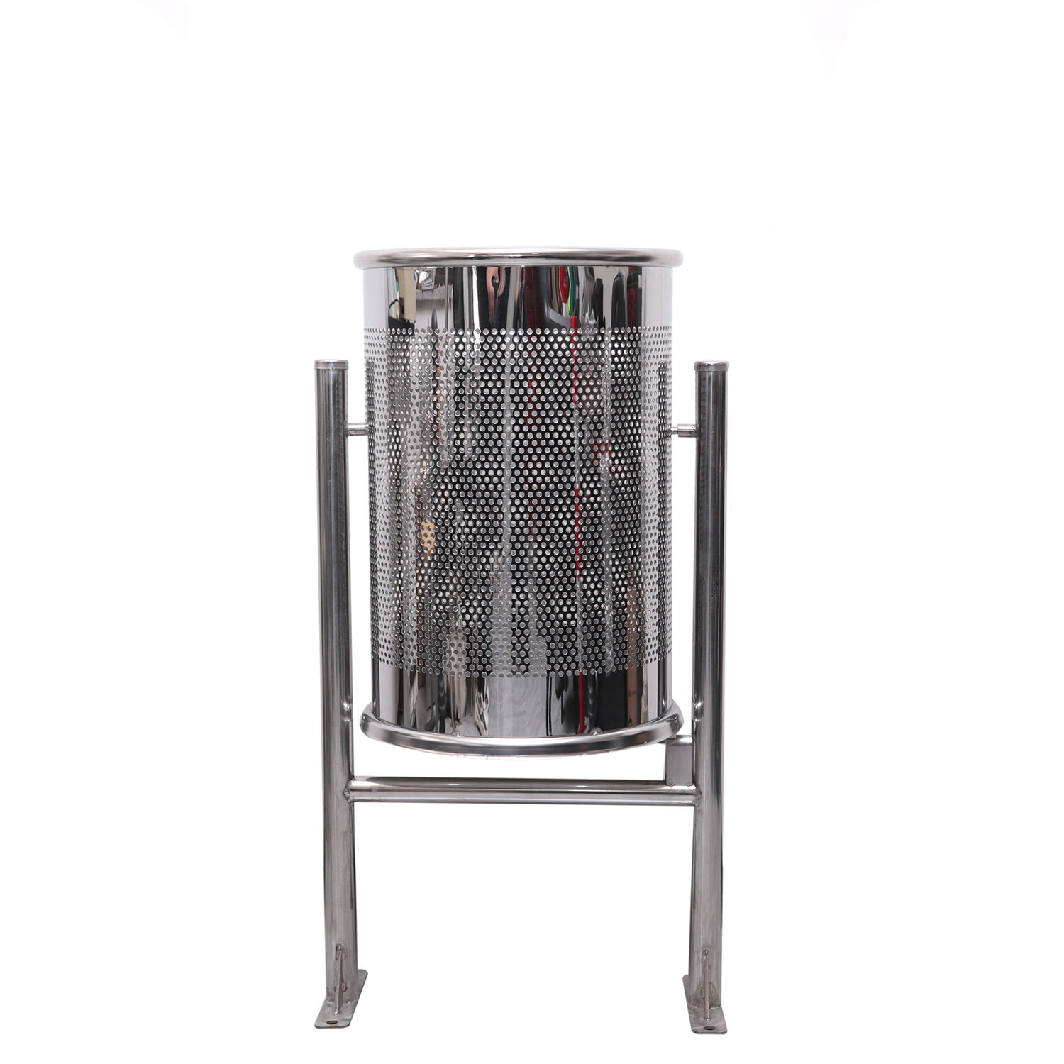 Papelera cilíndrica de acero inoxidable perforado, resistente a la intemperie y diseñada para espacios públicos.