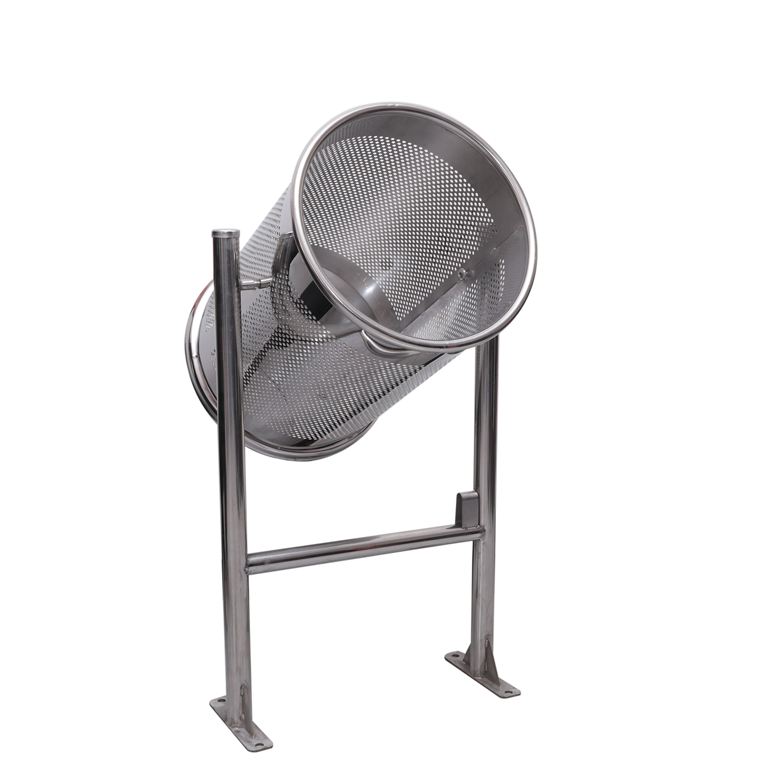 Papelera cilíndrica de acero inoxidable perforado, resistente a la intemperie y diseñada para espacios públicos.