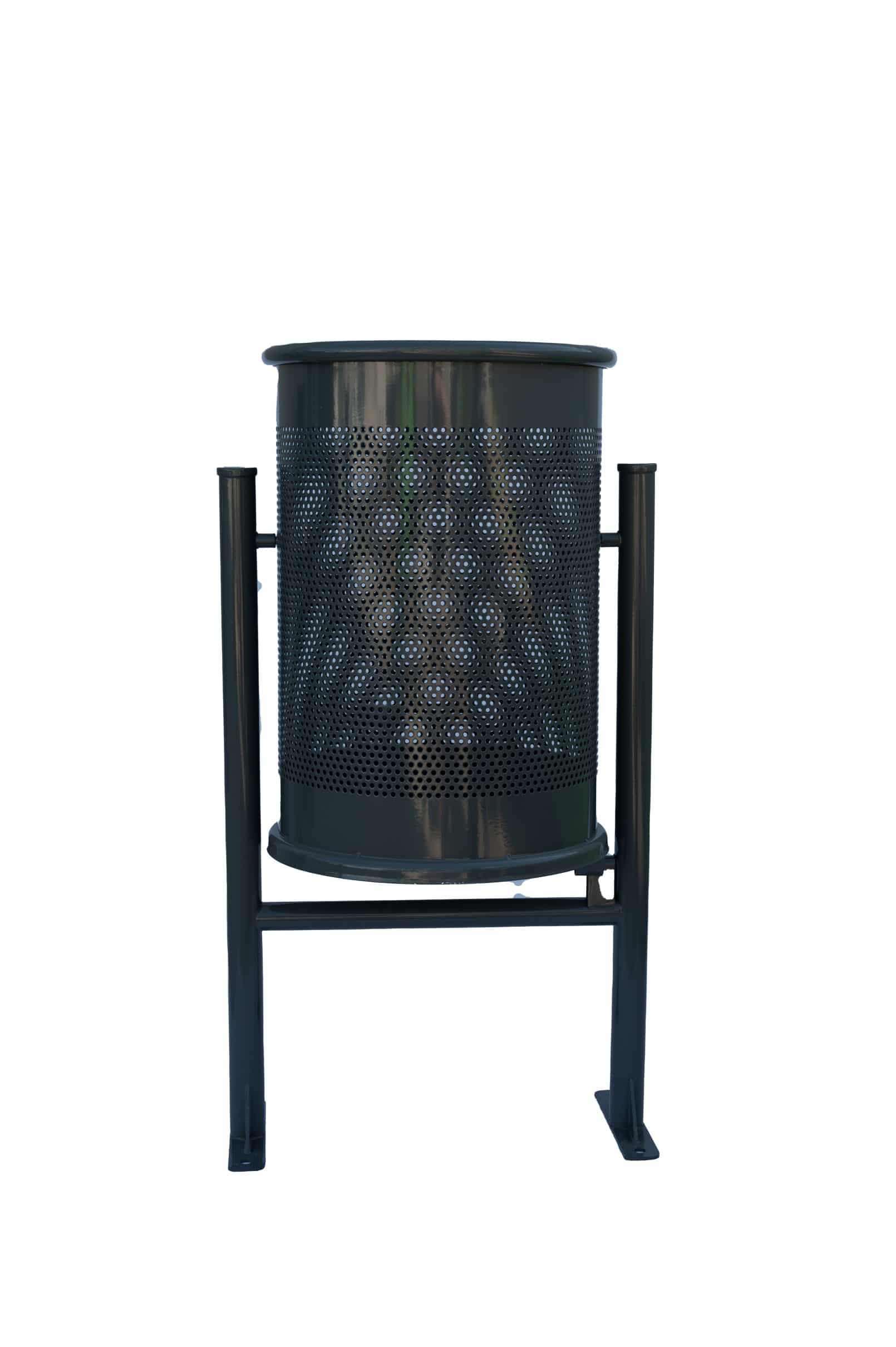 Papelera Básic-per cilíndrica de acero galvanizado con cuerpo perforado y pintura al horno para uso exterior.