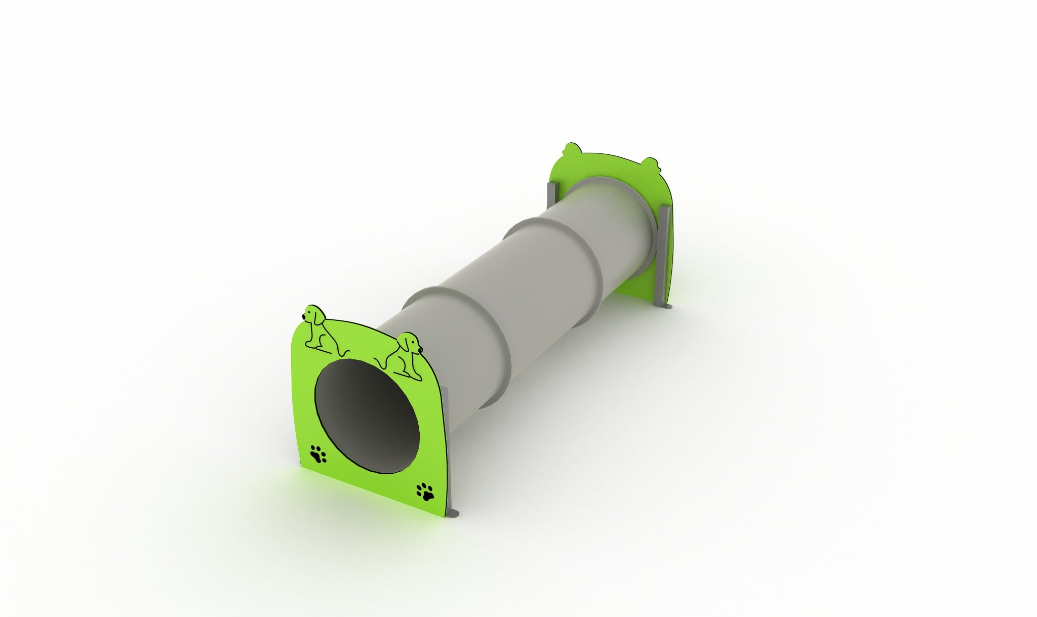 Túnel rígido para perros fabricado en tubo cilíndrico con paneles de colores en los extremos, ideal para parques caninos y entrenamientos de agility.