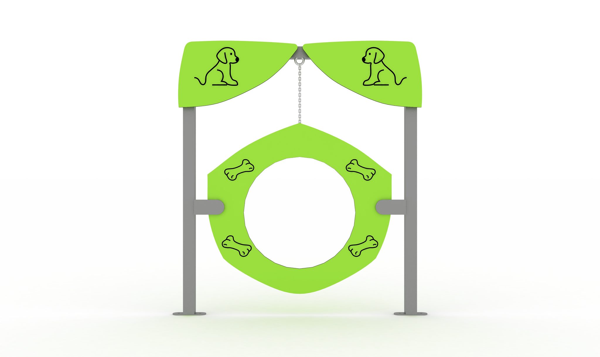 Rueda colgante regulable en altura mediante cadenas, diseñada para salto y entrenamiento en parques caninos.