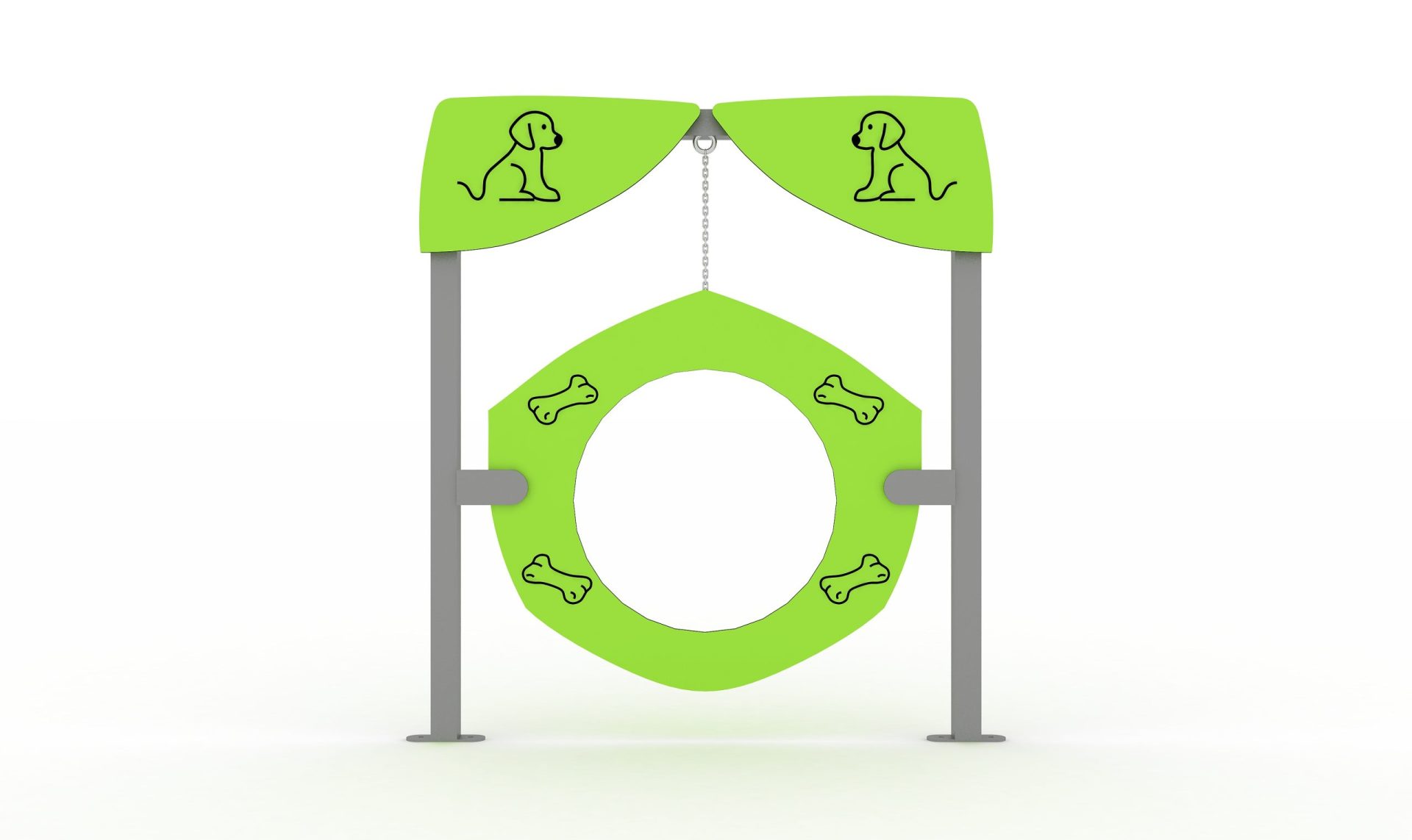 Rueda colgante regulable en altura mediante cadenas, diseñada para salto y entrenamiento en parques caninos.
