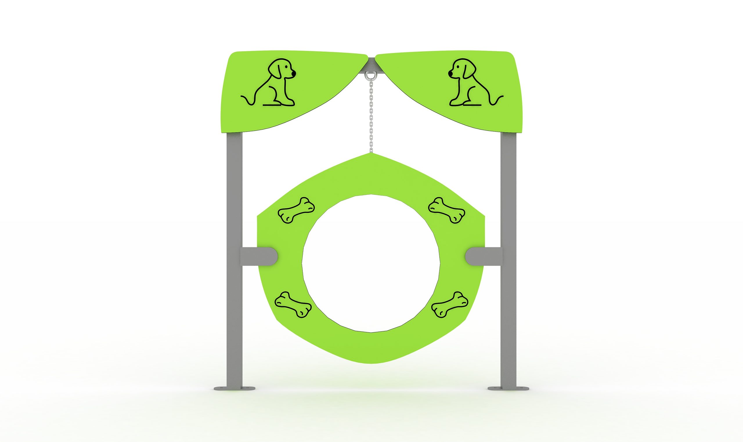 Rueda colgante regulable en altura mediante cadenas, diseñada para salto y entrenamiento en parques caninos.