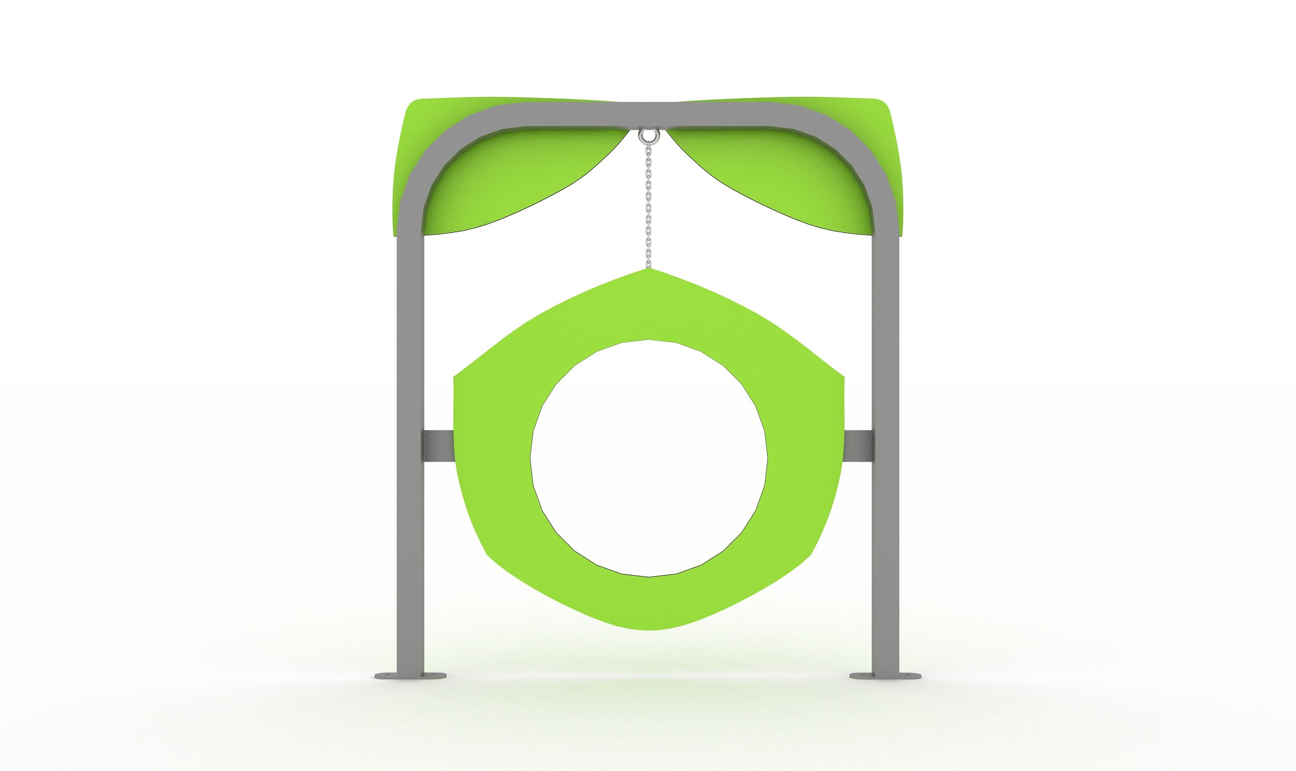 Rueda colgante regulable en altura mediante cadenas, diseñada para salto y entrenamiento en parques caninos.