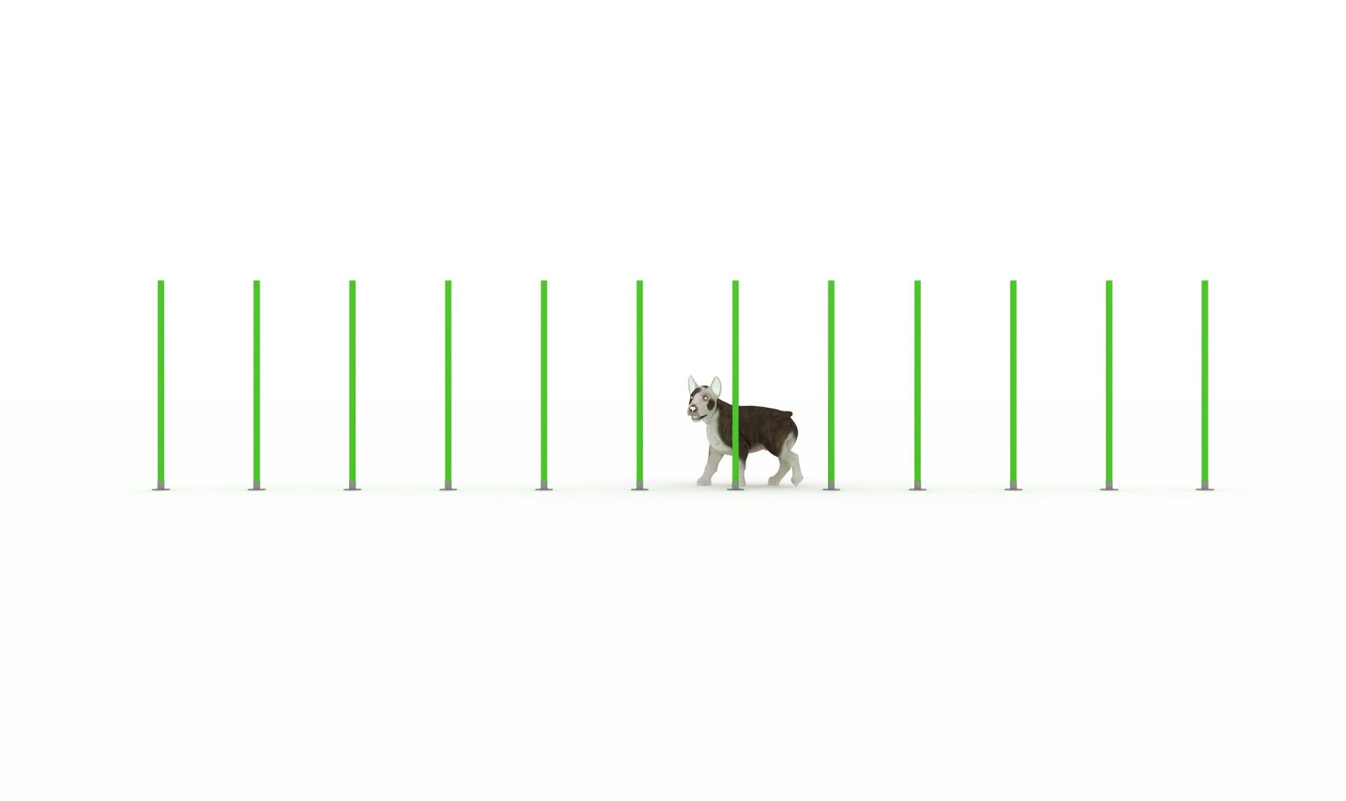 Valla agility canino formada por postes alineados para recorridos en zigzag, ideal para entrenamiento y parques caninos.