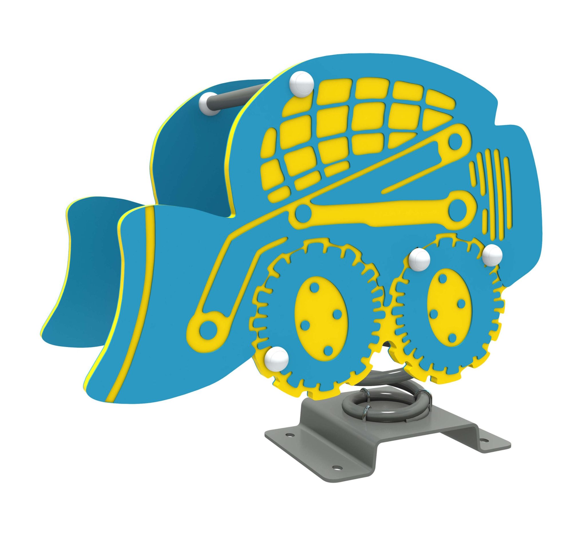 Balancín infantil en forma de excavadora azul y amarilla montado sobre muelle metálico, ideal para parques.