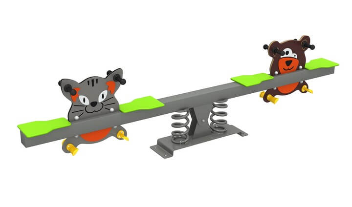 Balancín infantil cuádruple Muelle Perro y Gato con barra central, cuatro asientos y base metálica con amortiguación.