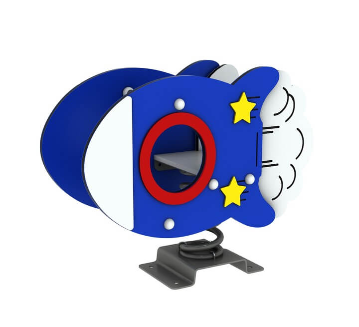 Balancín infantil en forma de cohete azul con estrellas amarillas y muelle metálico para parques.