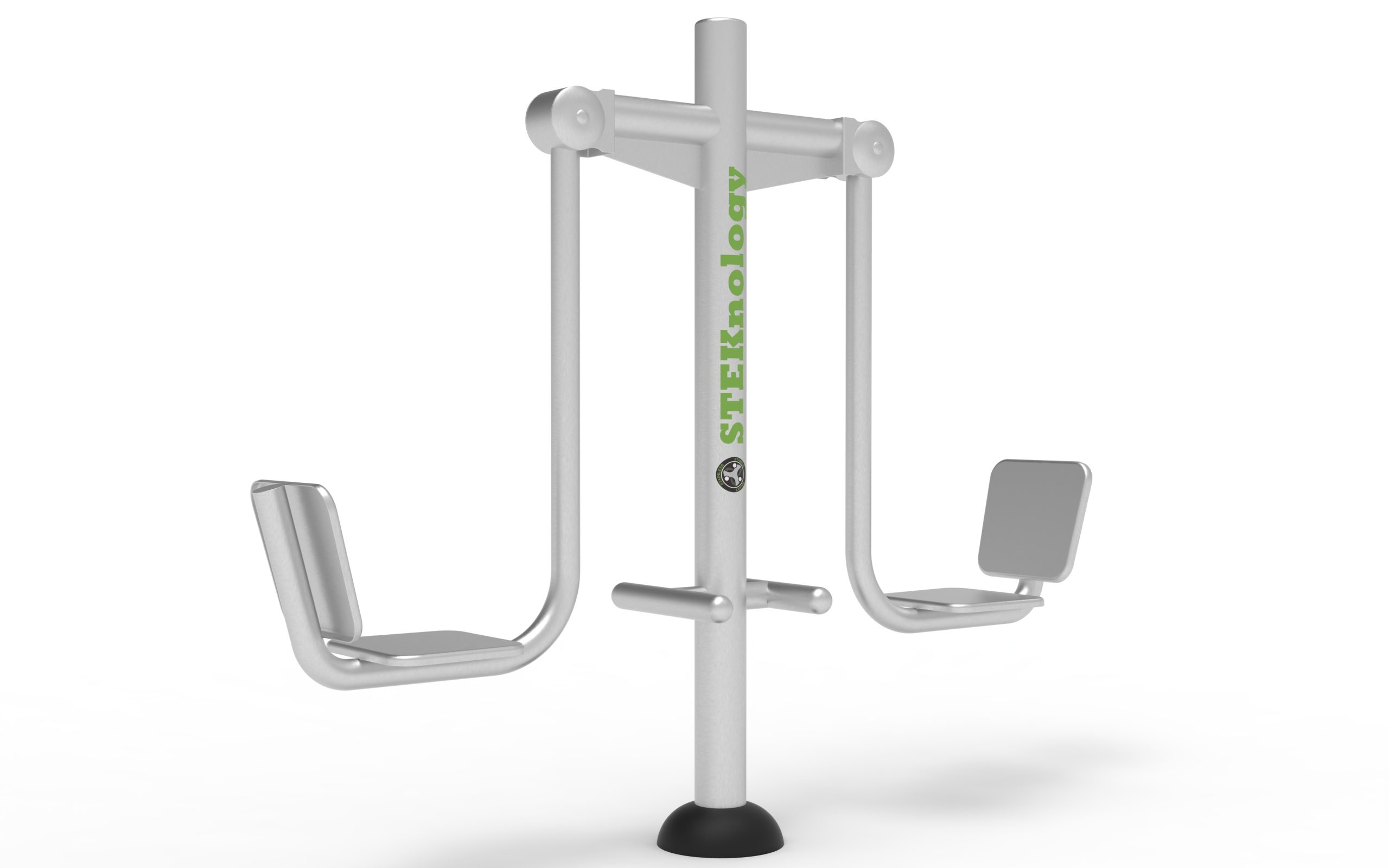 Elevador de ejercicio al aire libre con doble asiento y brazos metálicos articulados para entrenamiento del tren superior.