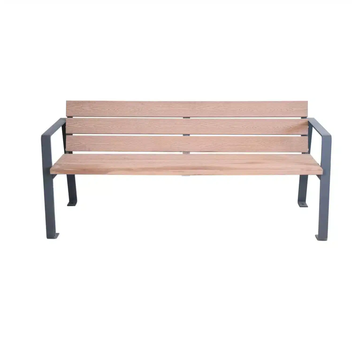 Banco Marbella de madera técnica con seis listones y estructura de acero oxiron con apoyabrazos integrados.