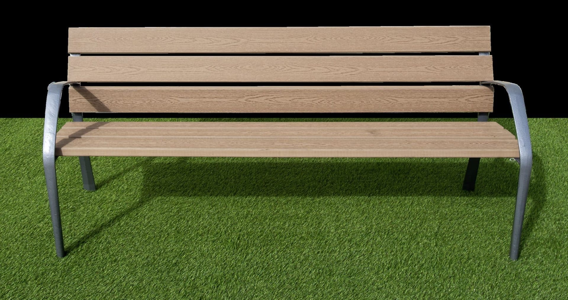 Banco Eco II de madera técnica ecológica con seis listones y estructura de fundición dúctil color oxirón.