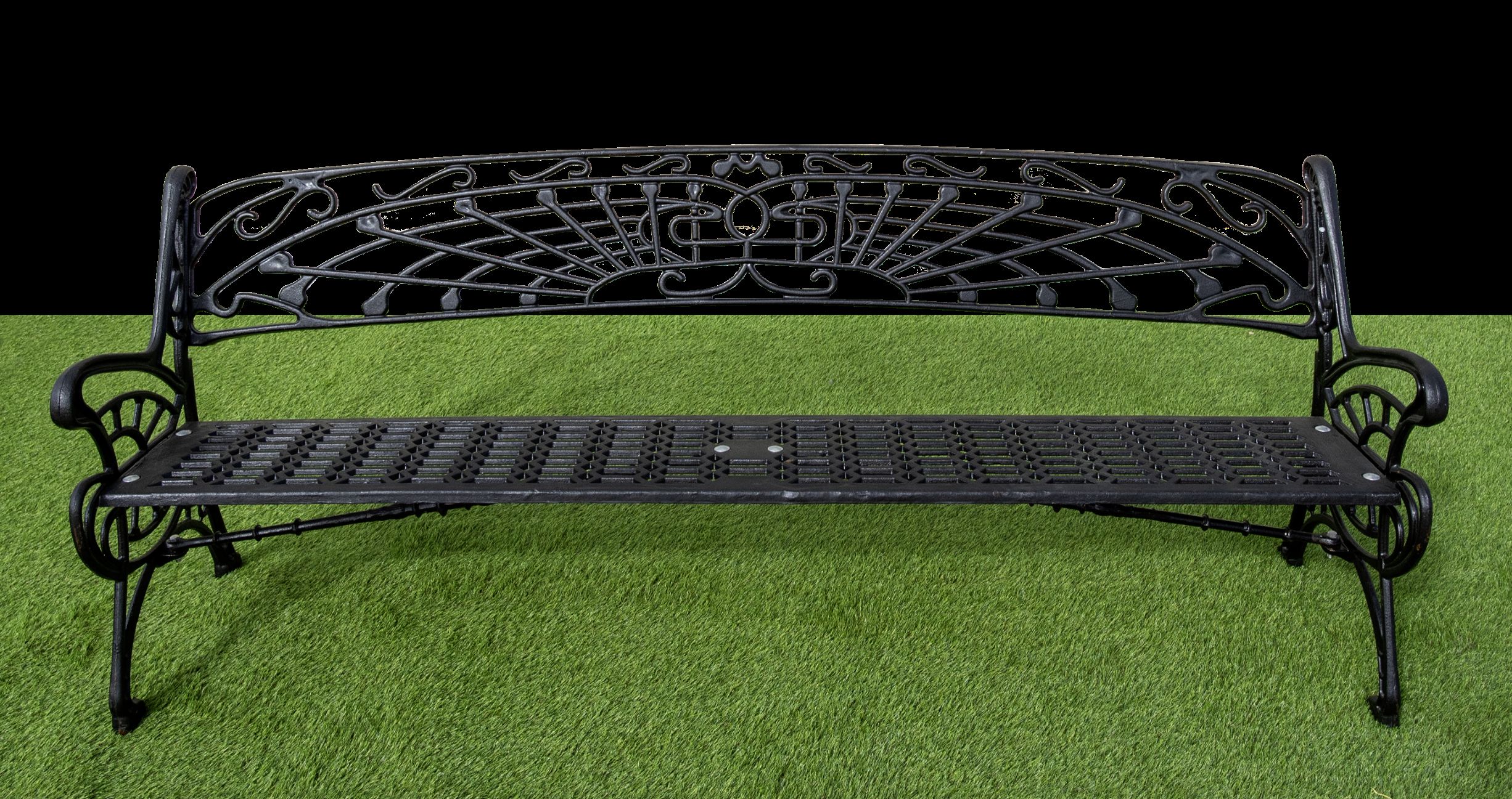 Banco clásico de fundición metálica con respaldo orgánico y acabado negro o grafito para parques y espacios públicos.